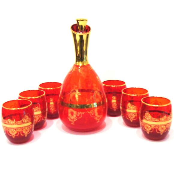 VTG Ferro Lazzarini Italian MURANO GLASS 10" DECANTER SET 8PC Ruby Red 24k Gold - Picture 7 of 7
